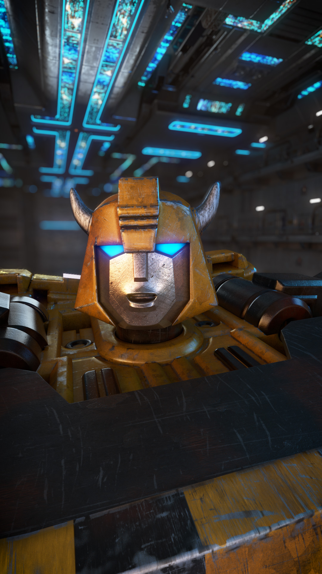 Close-up of a robot with a lion-like face, glowing blue eyes, horns, and armor, inside a futuristic spaceship or space station with blue and black-lit ceiling panels.