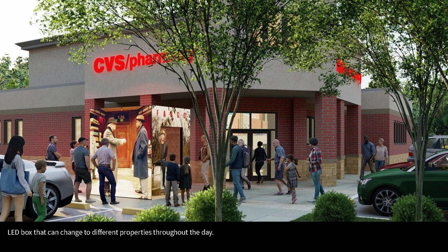 A crowd of people outside a CVS Pharmacy store, some entering and some standing in line. The store has a brick exterior with a large red CVS logo, and there are trees and parked cars around the entrance.
