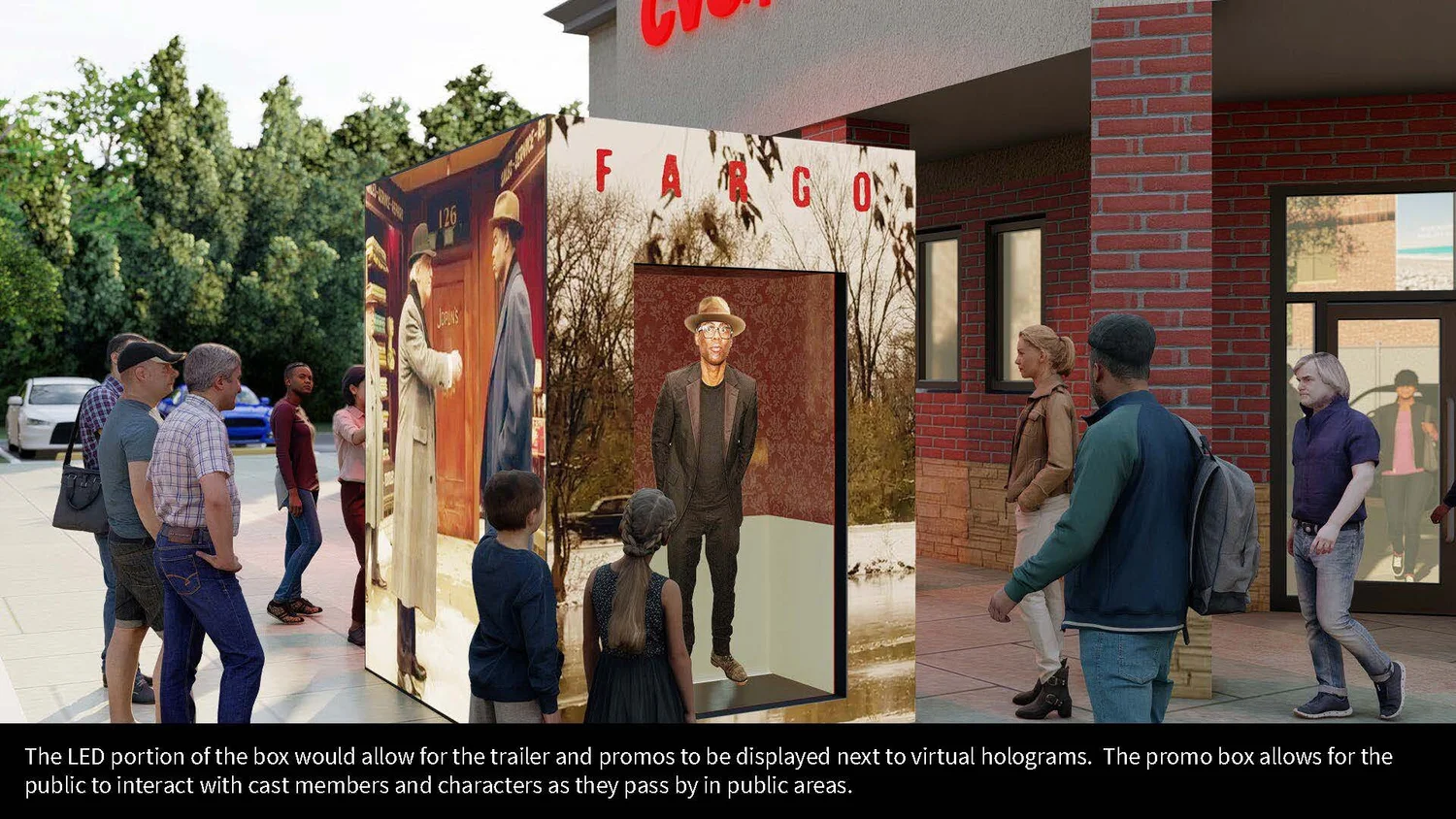 People standing in line outside a theater with a promotional display for a movie called 'FARGO.' The display features a large virtual hologram of a cast member, and a promotional trailer runs next to it, allowing the public to interact with cast memb