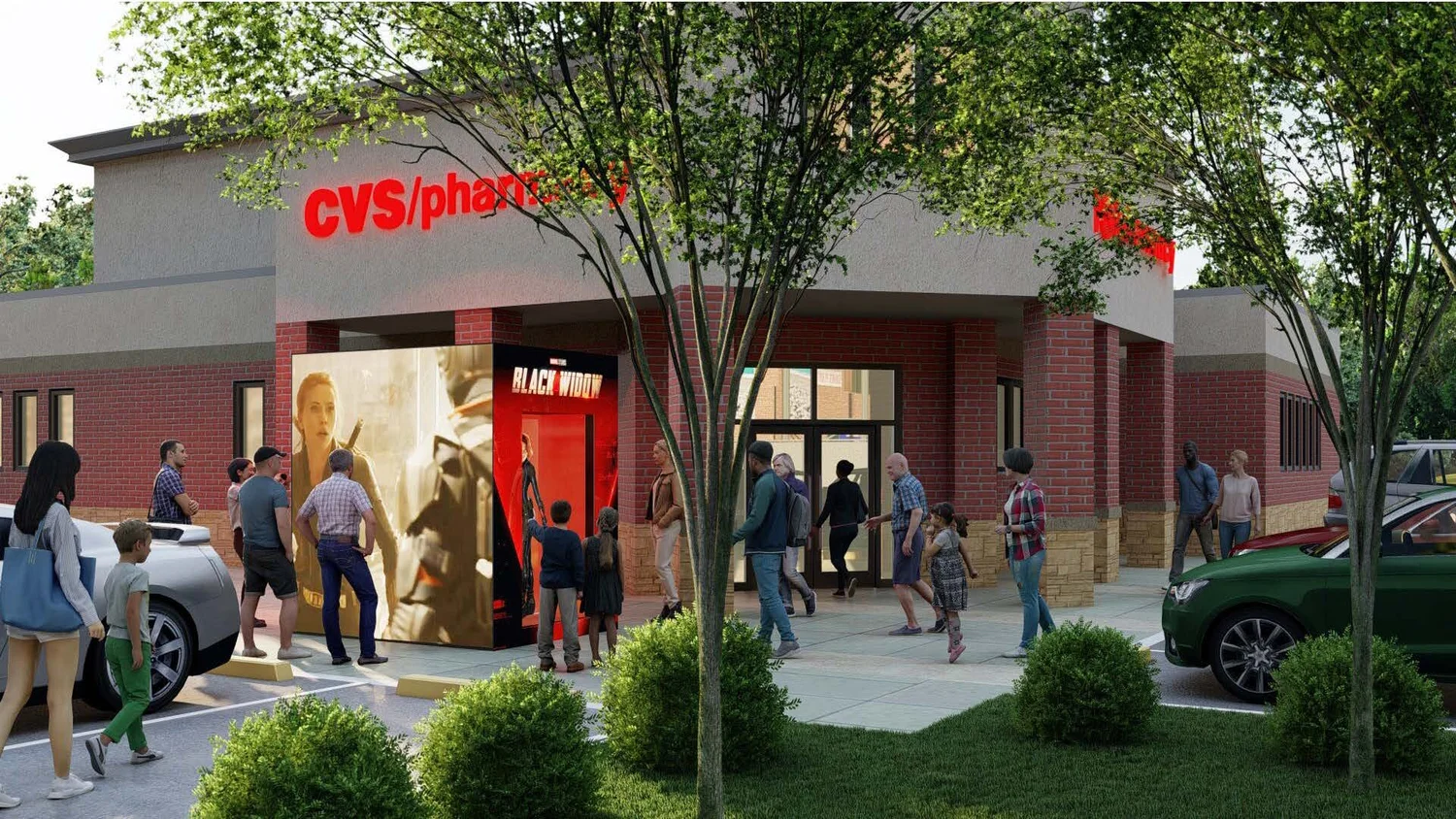People entering a CVS pharmacy store with a marquee movie poster of 'Black Widow' outside.