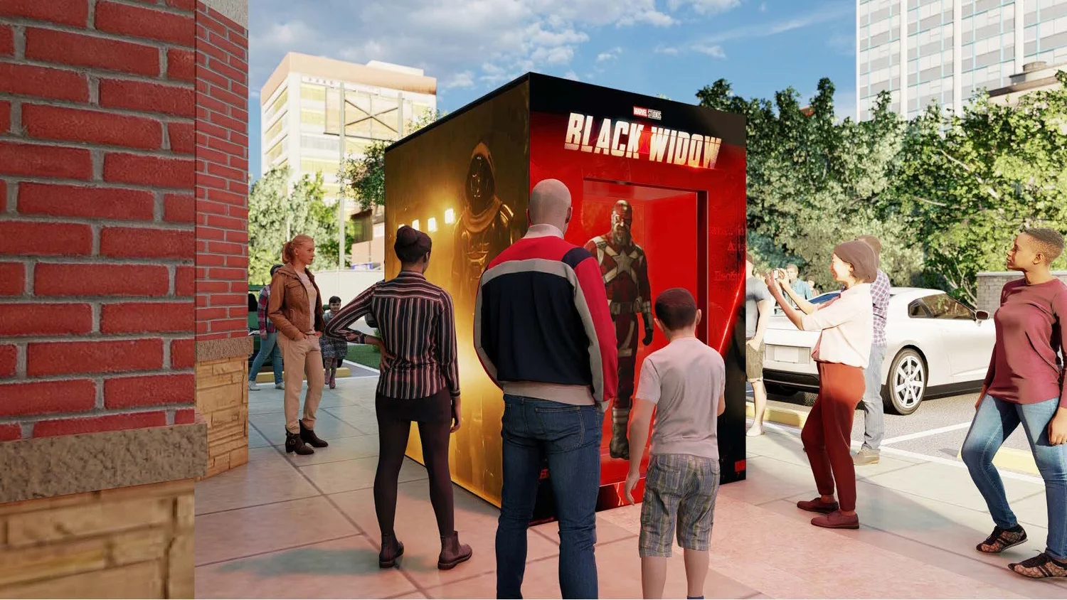 People gathering around a vending machine for Marvel's Black Widow movie posters.