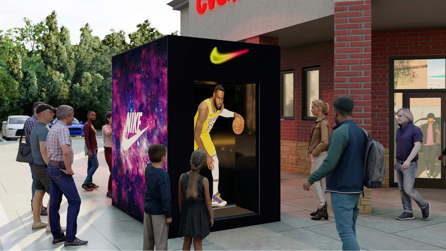 People standing around a cardboard display featuring a digital image of a basketball player in a yellow jersey, with a Nike swoosh logo and galaxy background.