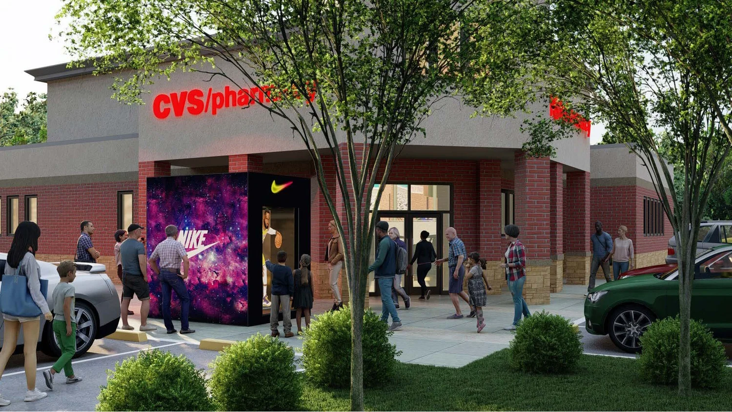 People entering and walking outside a CVS pharmacy store with a Nike display, surrounded by trees and parked cars.