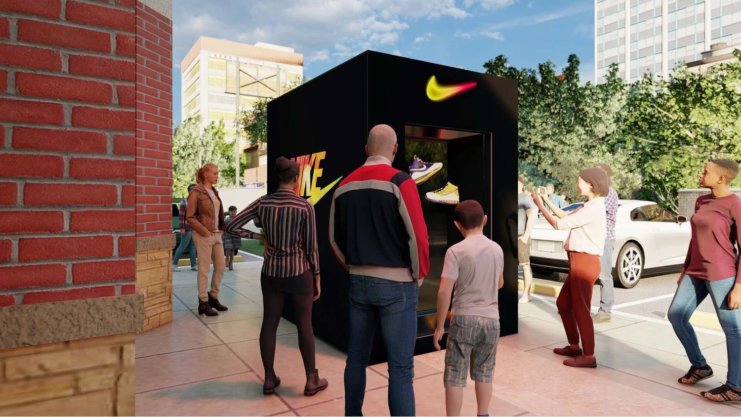 People gathered around a Nike sneaker display booth outdoors in an urban area, with trees, buildings, and parked cars in the background.