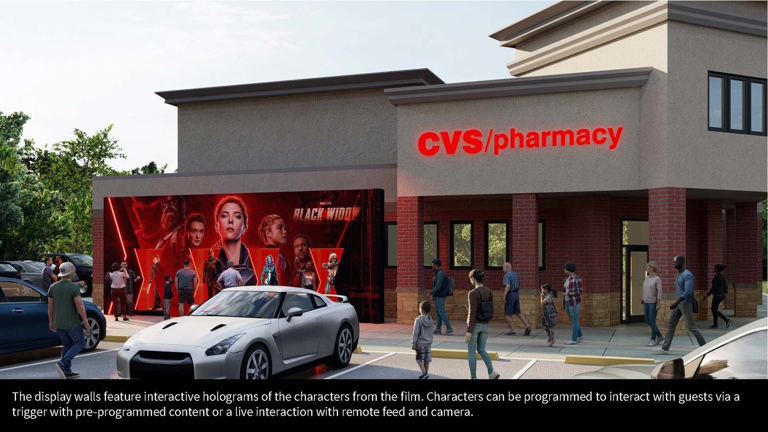 A CVS pharmacy store with a large digital display wall featuring holograms of characters from the film Black Widow, with people walking in front.