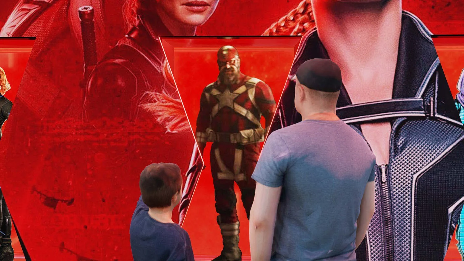 Two boys watching a large display featuring Marvel superheroes, including Thor, Captain America, and Black Widow.