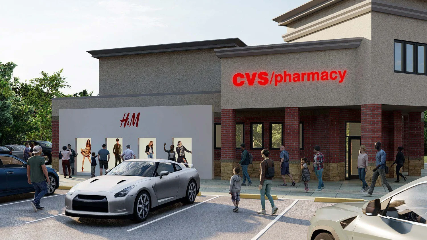 A shopping plaza with CVS pharmacy and H&M stores, with cars parked in front and people walking on the sidewalk.