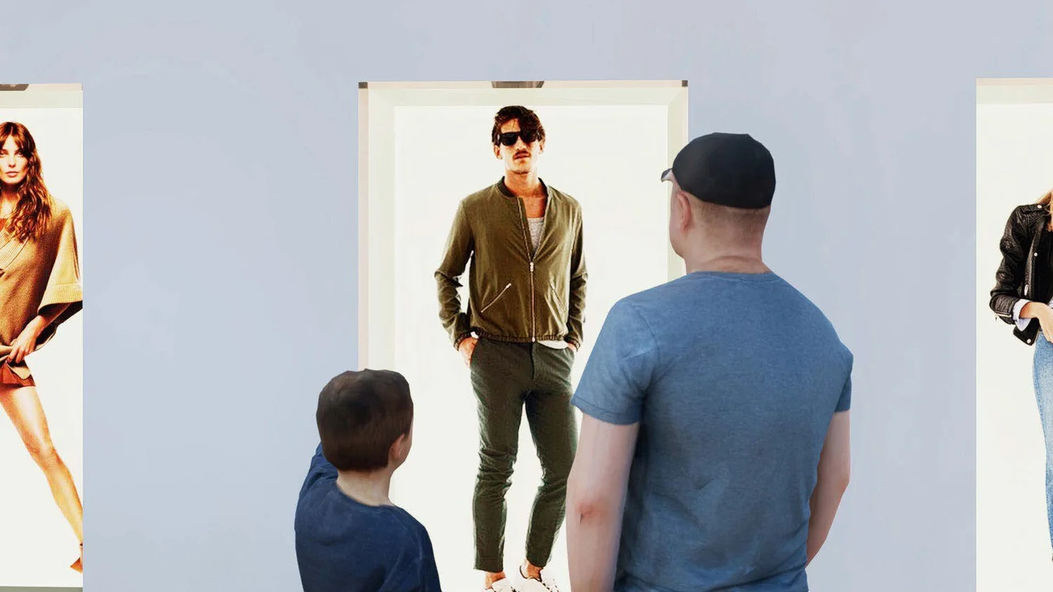 Three children observing a man in sunglasses and a green jacket at an art exhibit with fashion photographs on the wall.