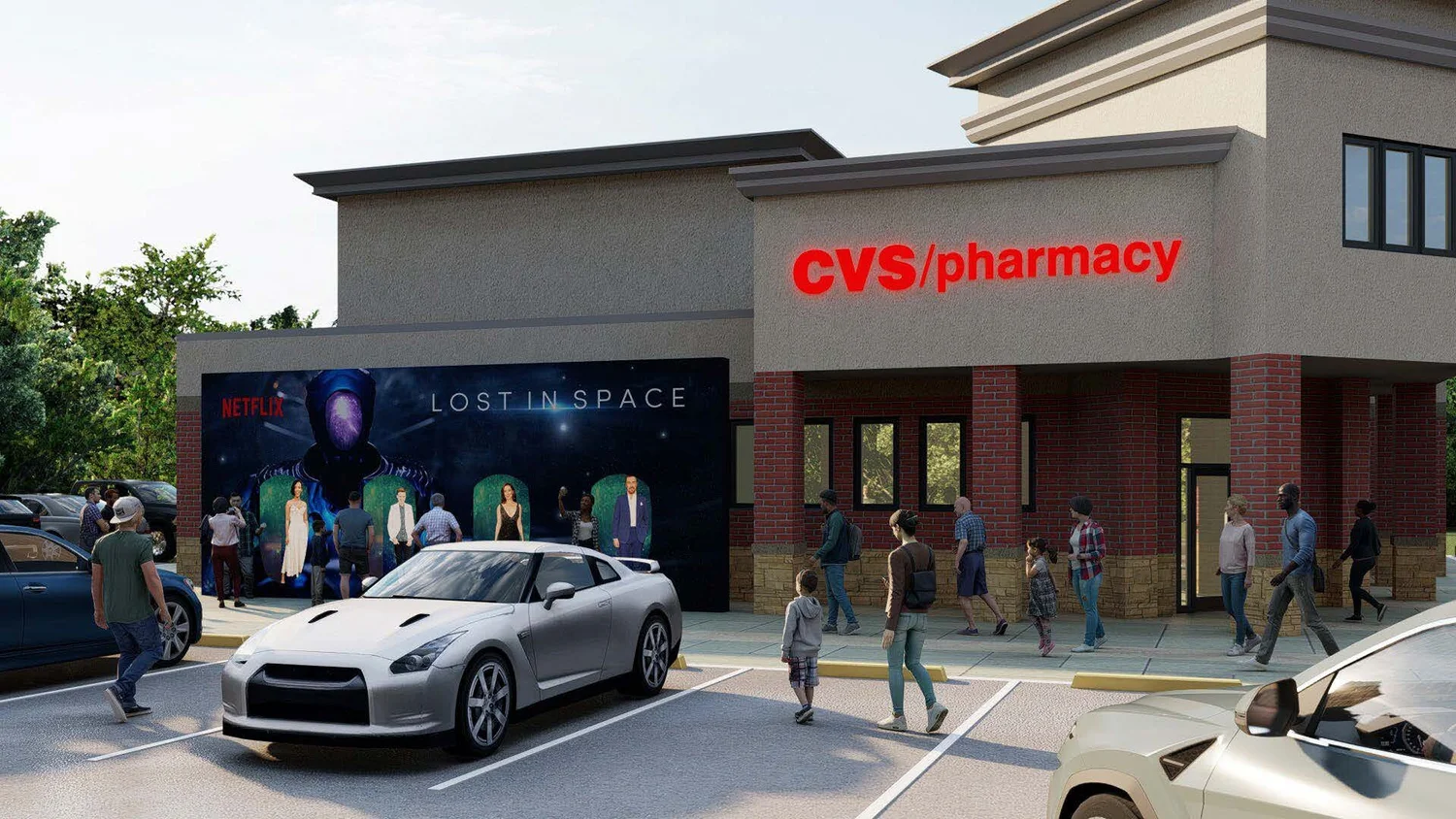 A CVS/pharmacy store with a large Netflix 'Lost in Space' advertisement on the wall. There are people walking in and out of the store, and several cars parked in front.