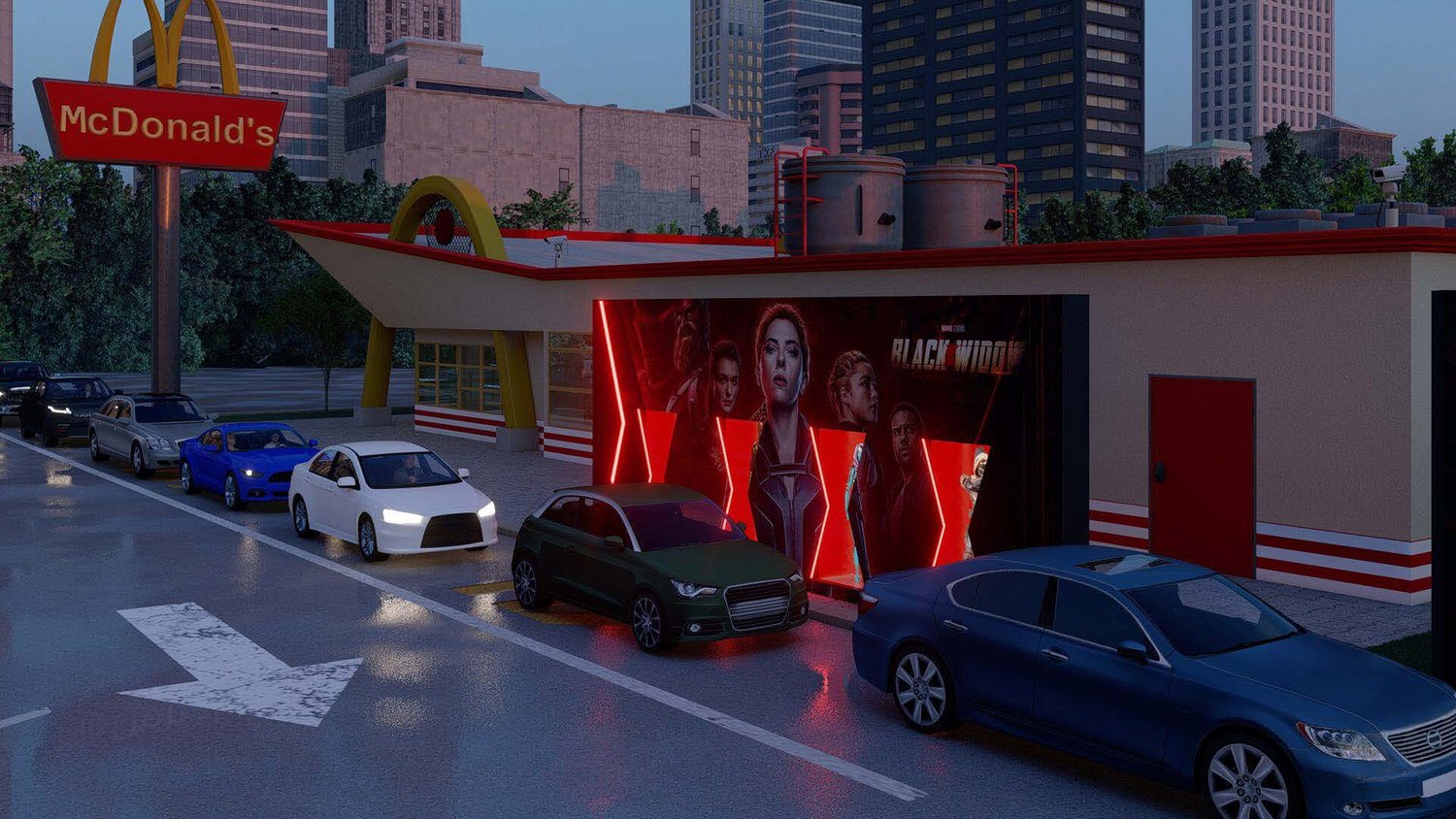 Line of cars parked outside a fast food restaurant with a 'Black Widow' movie poster on the wall. The restaurant has a McDonald's sign and a giant yellow arch mascot on the roof, set in a city with tall modern buildings.