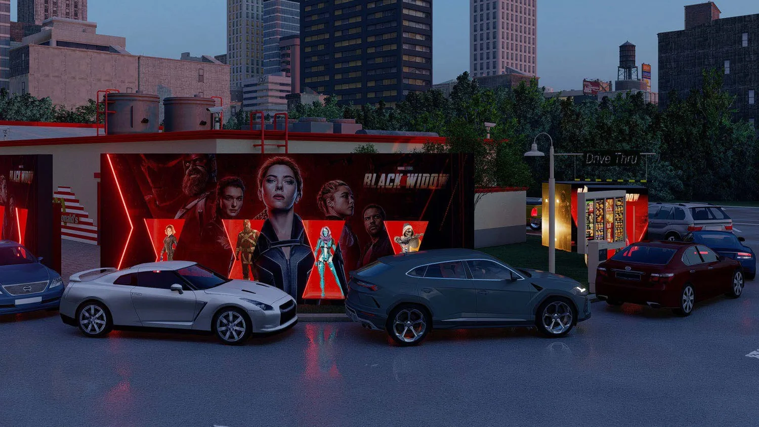 Nighttime scene of a drive-thru with vehicles parked and a large promotional poster for the movie "Black Widow," featuring characters from the film and superhero figures.