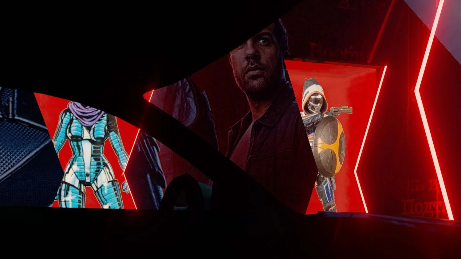 Image of a dark room with red neon lights, showing posters or screens of various characters, including a man with dark hair and a serious expression, a cartoonish super hero in a shiny suit, and a soldier with a tactical helmet and goggles, and a gun