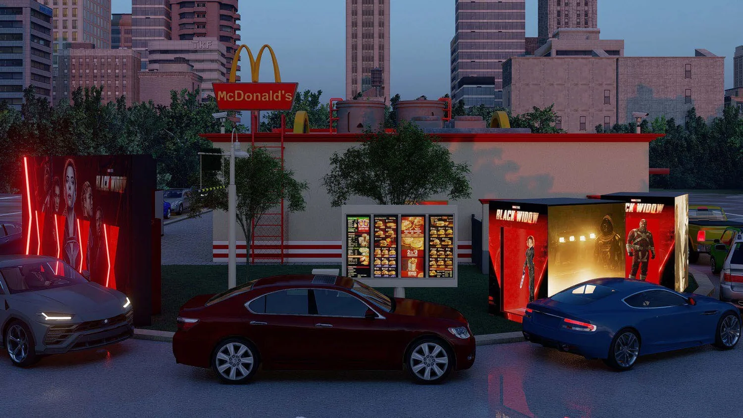 Fast food restaurant with digital menu boards and two movie-themed booths, one for 'Black Widow' and the other for 'Black Widow' with characters, in a city parking lot during twilight.