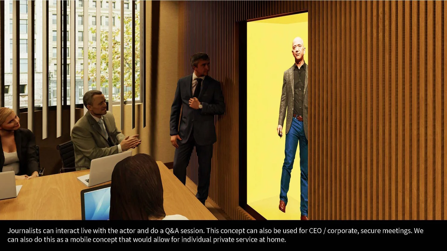 A business meeting room with four professionals, two men and two women, seated at a wooden conference table with laptops. One man is gesturing with his hands while talking, another man stands near a large screen panel showing a photo of a bald man in