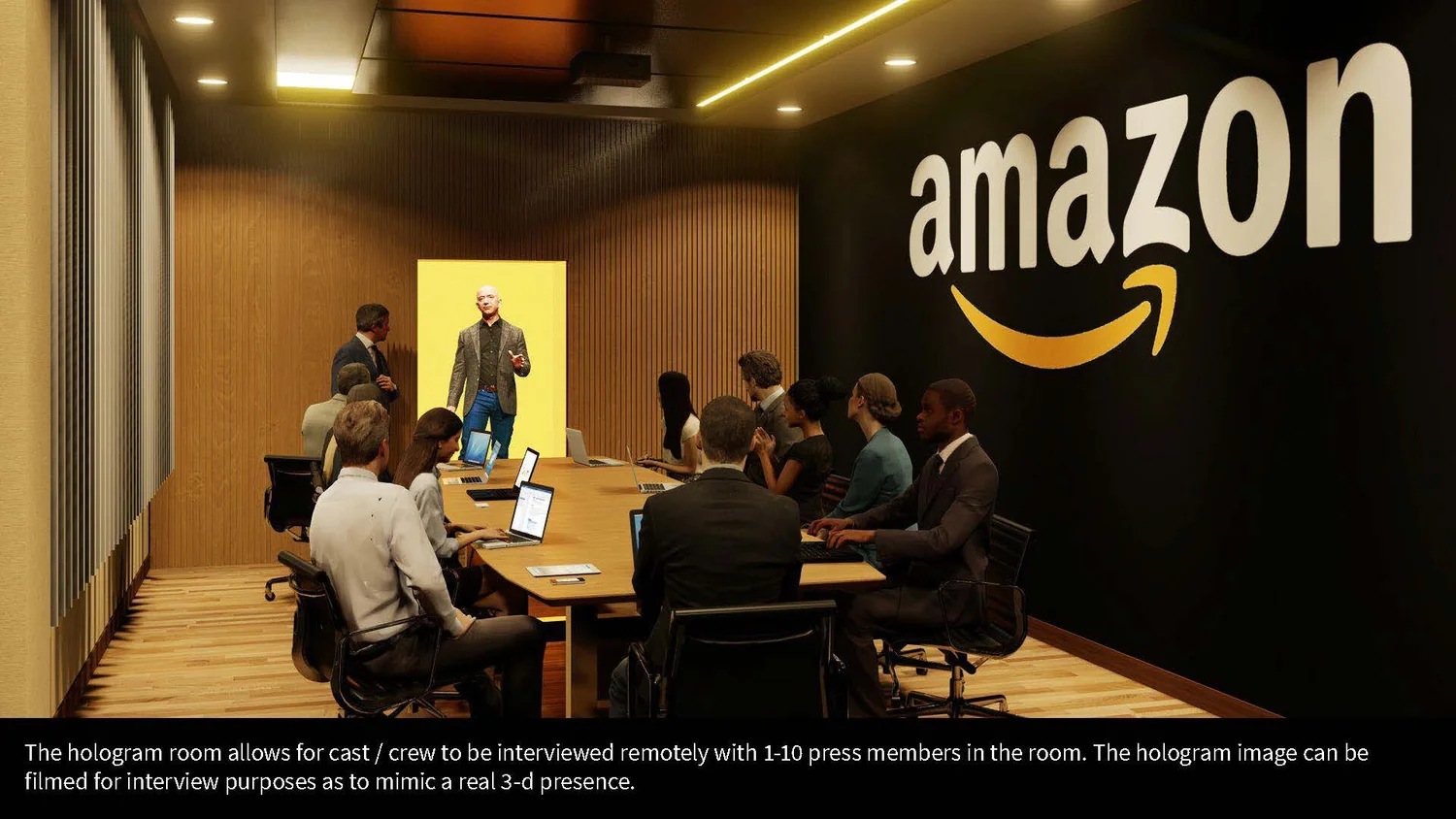 A virtual interview room with a long conference table surrounded by people working on laptops. There is a large screen at the front showing a hologram of a man speaking, simulating a real 3D presence, with a big Amazon logo on the black wall behind.