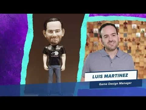 A divided image featuring a cartoon avatar on the left and a man identified as Luis Martinez, Game Design Manager, on the right, with a colorful background.
