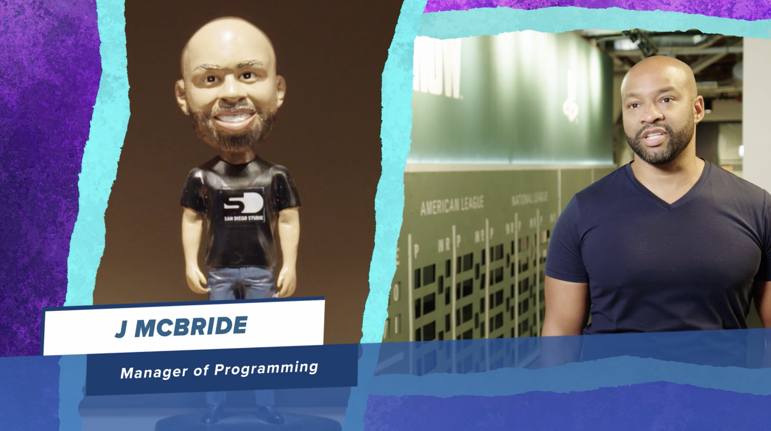 A split-screen image featuring a mascot on the left and a man on the right. The mascot has a large head, bald, with a beard, and wears a black t-shirt with a logo that reads 'SAN DIEGO STUDIOS' on it. The man on the right has a bald head, a beard, an