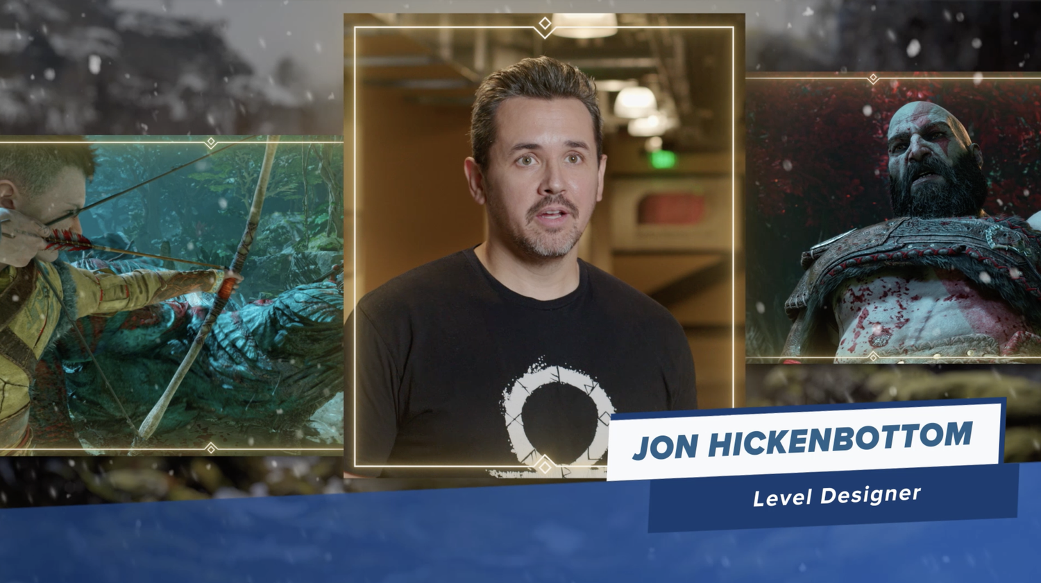 Interview with Jon Hickenbottom, level designer, featuring images of a video game archer and a defeated warrior