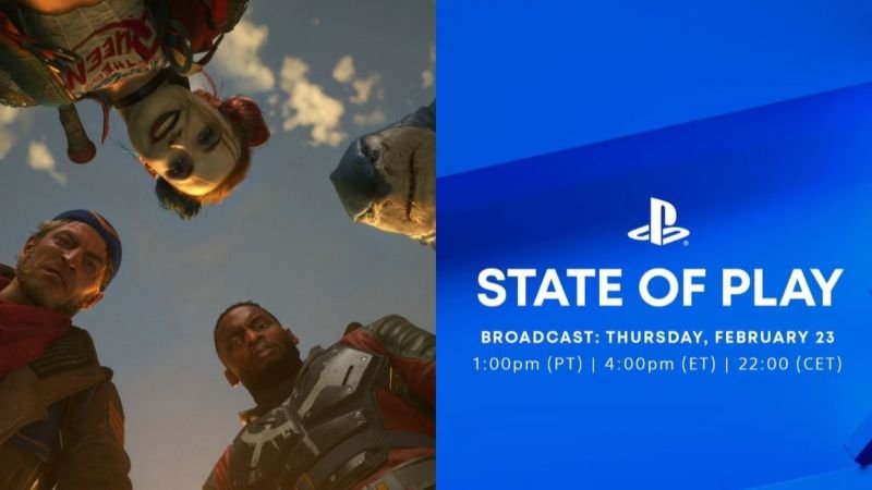 A group of five people looking down at the camera with a blue sky and clouds in the background, next to a PlayStation 'State of Play' announcement for a broadcast on February 23.