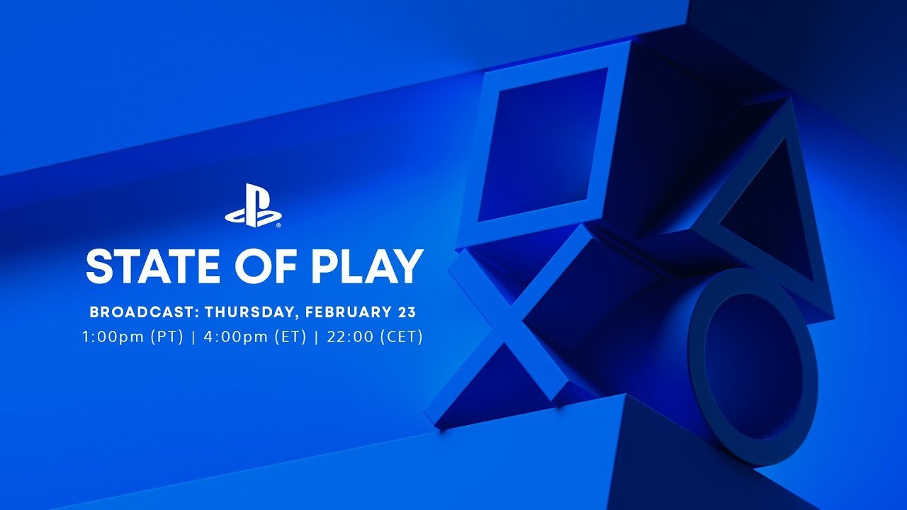 Blue promotional graphic with PlayStation logo and text about a PlayStation event titled 'State of Play' on February 23, with broadcast times in different time zones.