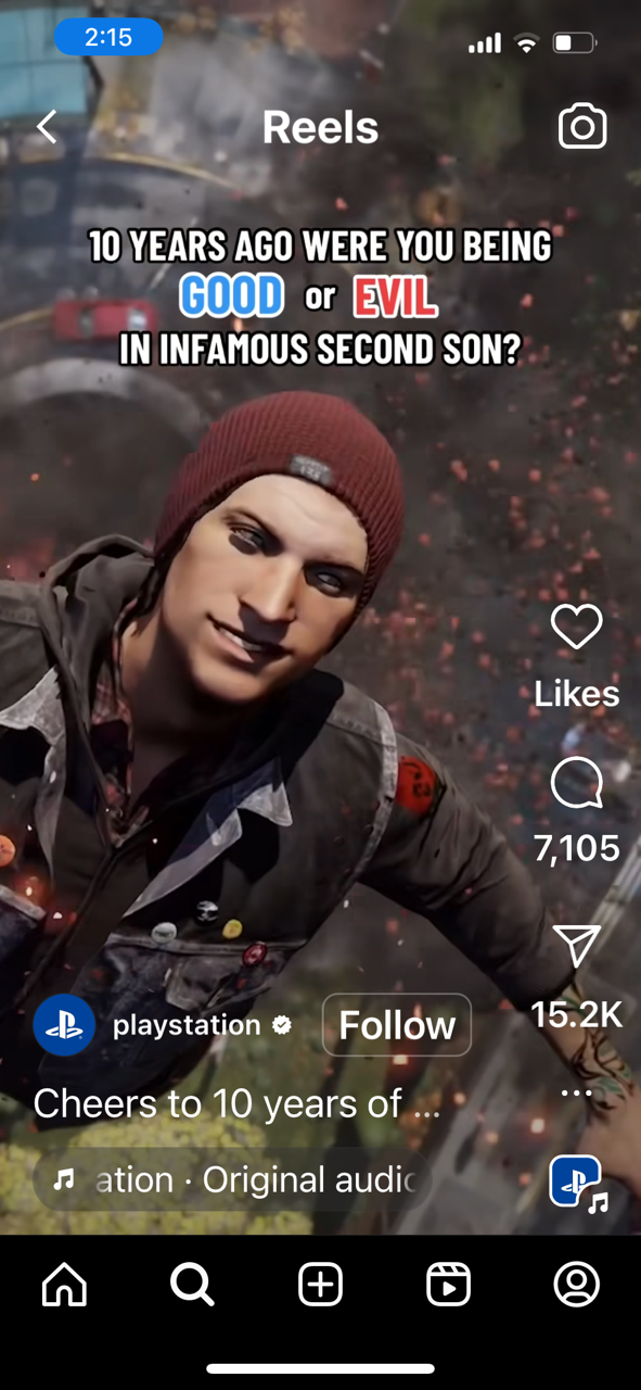 Instagram video with a man in a red beanie and dark jacket, dark background with sparks or glowing red particles, text overlay reading '10 years ago were you being good or evil in infamous second son?'