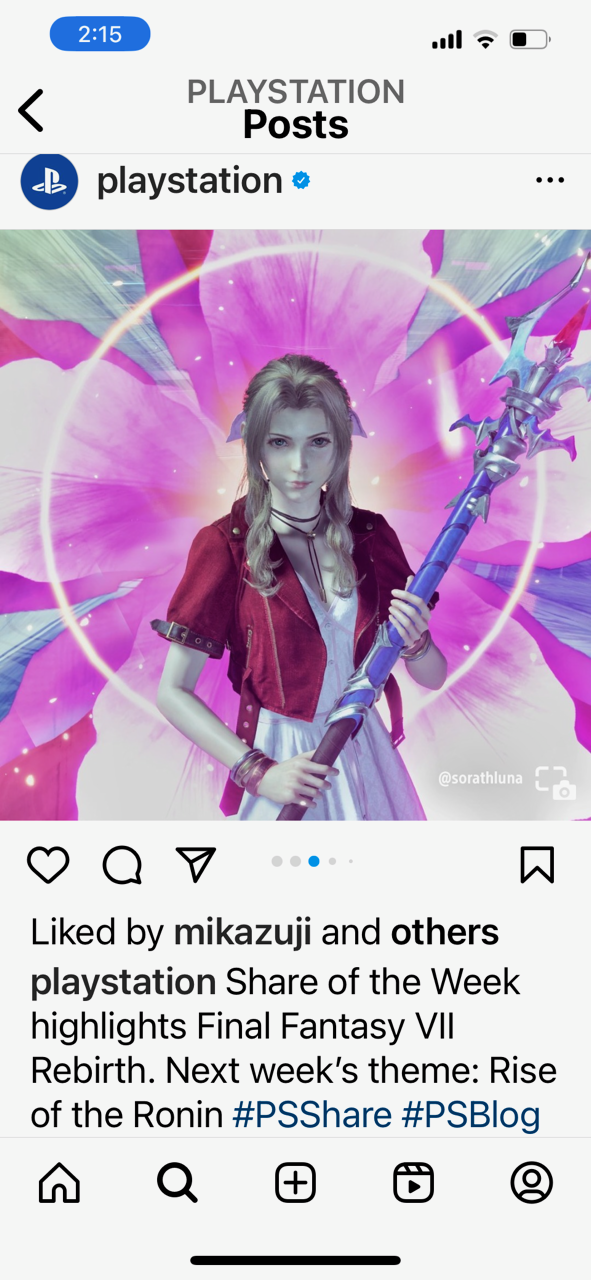 A female cosplayer dressed as a character from Final Fantasy VII Rebirth holding a staff, with a colorful fantasy-themed background.