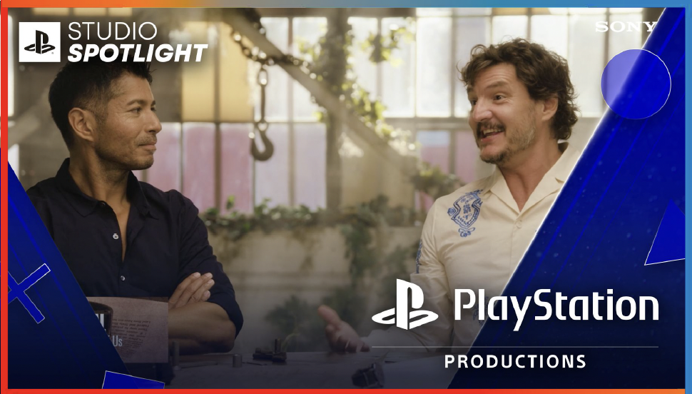 Two men sit at a table engaged in conversation, with the background suggesting an indoor setting with large windows and natural light. The image has branding for PlayStation and Sony.