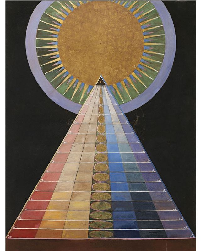 Obsessed with Hilma af Klint, a mystic who's paintings were amongst the very first abstract art (predating Kandinsky). This piece was finished in 1907 and is titled &quot;Altarpiece, No. 1, Group X, Altarpieces&quot; #hilmaafklint