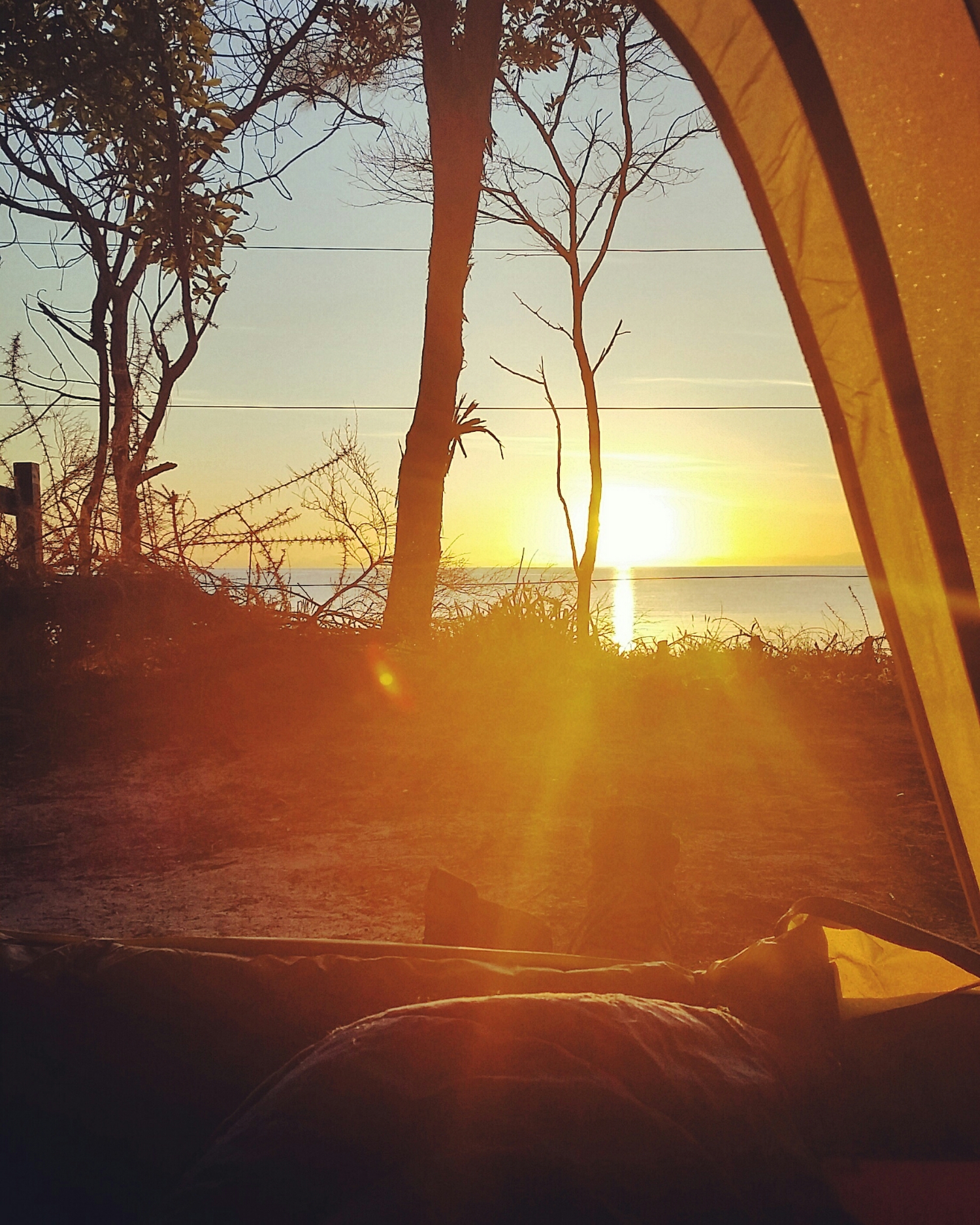 View of the sunrise over the bay from my tent.