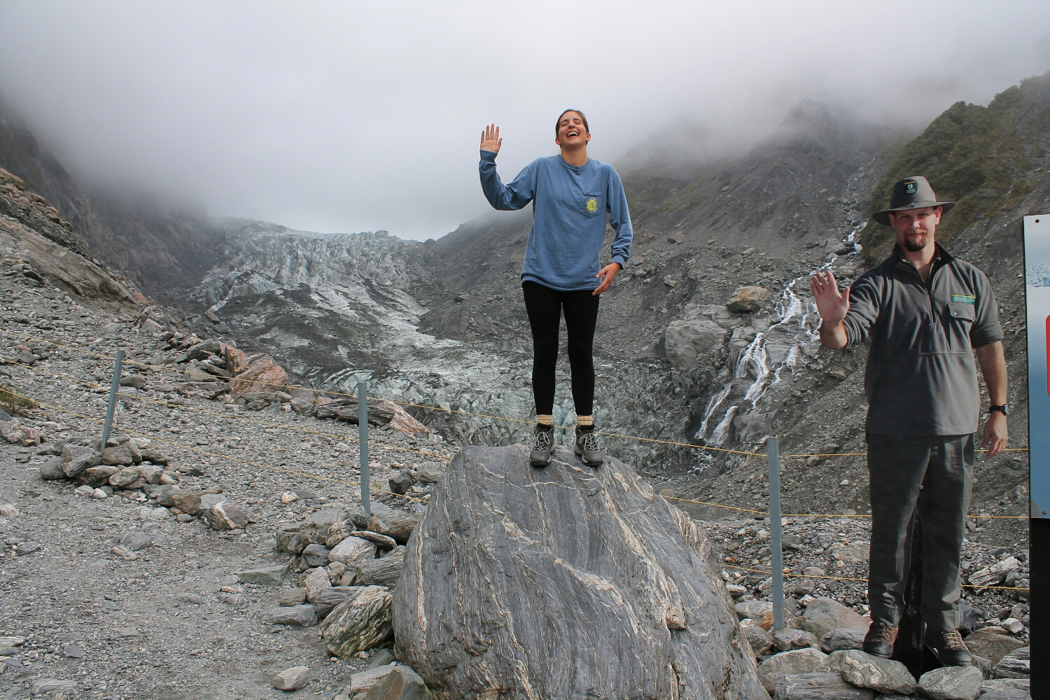 Bob and I standing infront of the glacier. Bob is a 2 dimentional park guide that told us to not go any further because there are rock slides. 