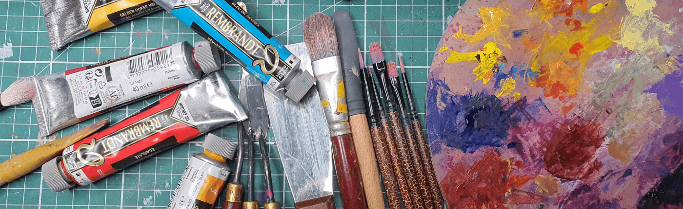 Top down view of an artists Desk, the London Based artist alexgringo
