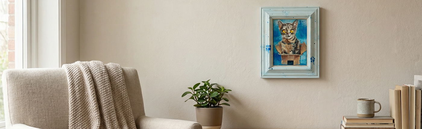 an image of a living room with a painting of a cat framed and hanging on the warm wall. painted by London based artist alexgringo