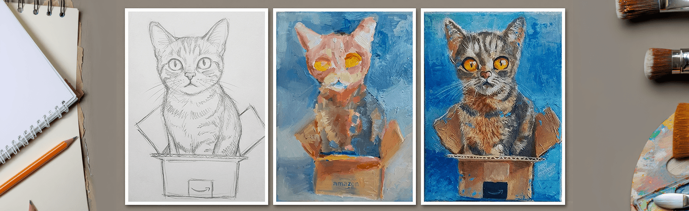 A top down view of the different stages of creating a painting by London based artist alexgringo