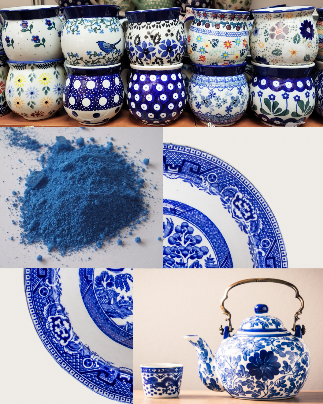 A selection of blue and white pottery and ground cobalt.