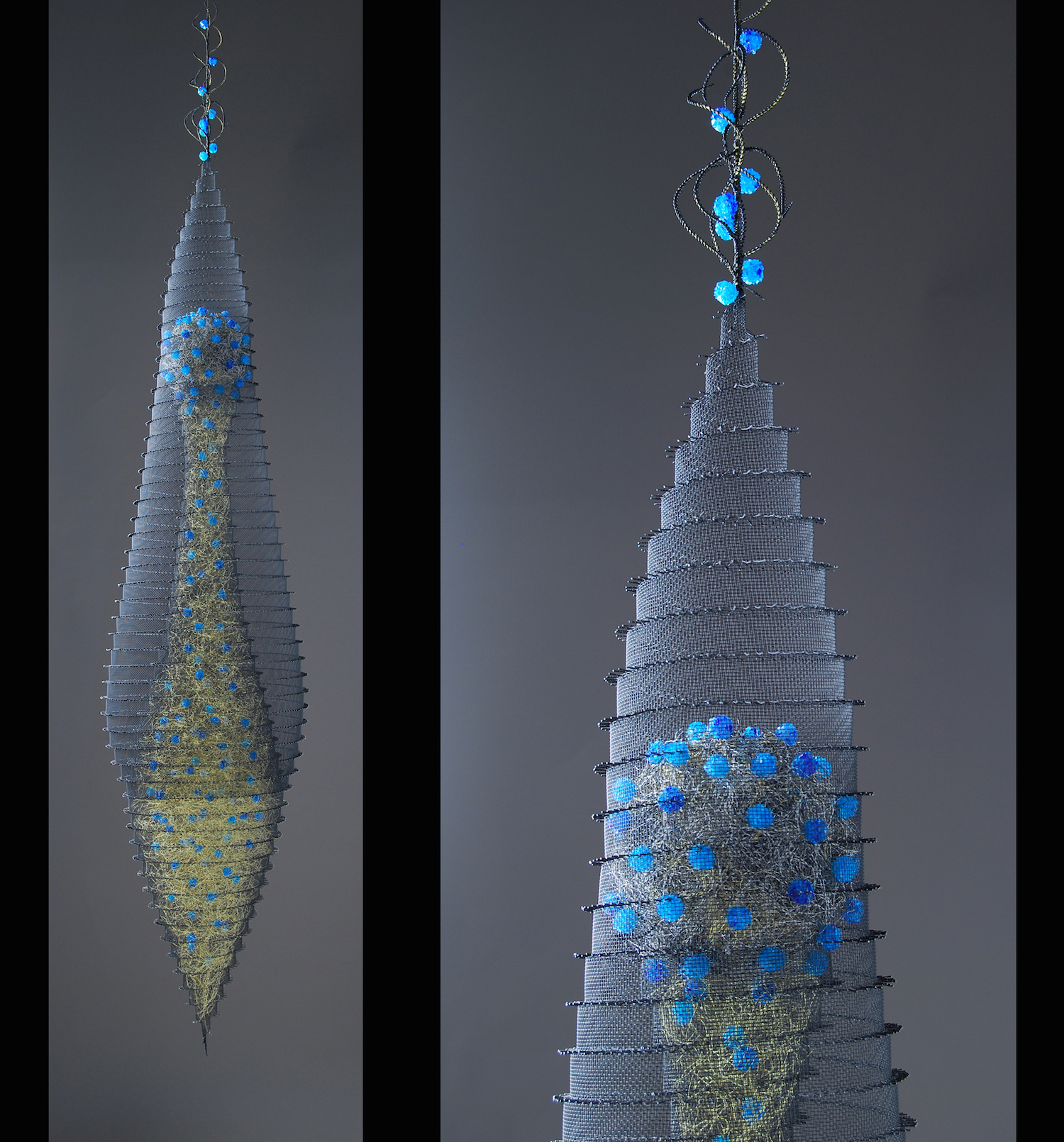 "Blue Elixir" is one of two suspended works that are in "Game Changers," an exhibition at the Fuller Craft Museum in Brockton, MA. The exhibition runs until November 23, 2014. This piece and "Teal Elixir" are part of the museum's permanent collection.