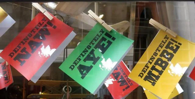 Jill Lawless/ The Associated Press Cards hang in a shop in Edinburgh, Scotland, saying “No,” “Yes” and “Maybe” for the upcoming vote on Scotland’s independence from the United Kingdom. Scottish voters will decide whether their country should become independent, breaking up Great Britain as it has existed for 300 years.