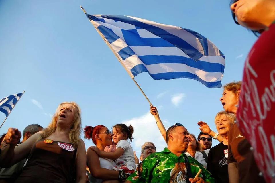 Those urging a "no" vote in the upcoming euro referendum rally at Syntagma Square in Athens on Monday. Petros Karadjias - Associated Press