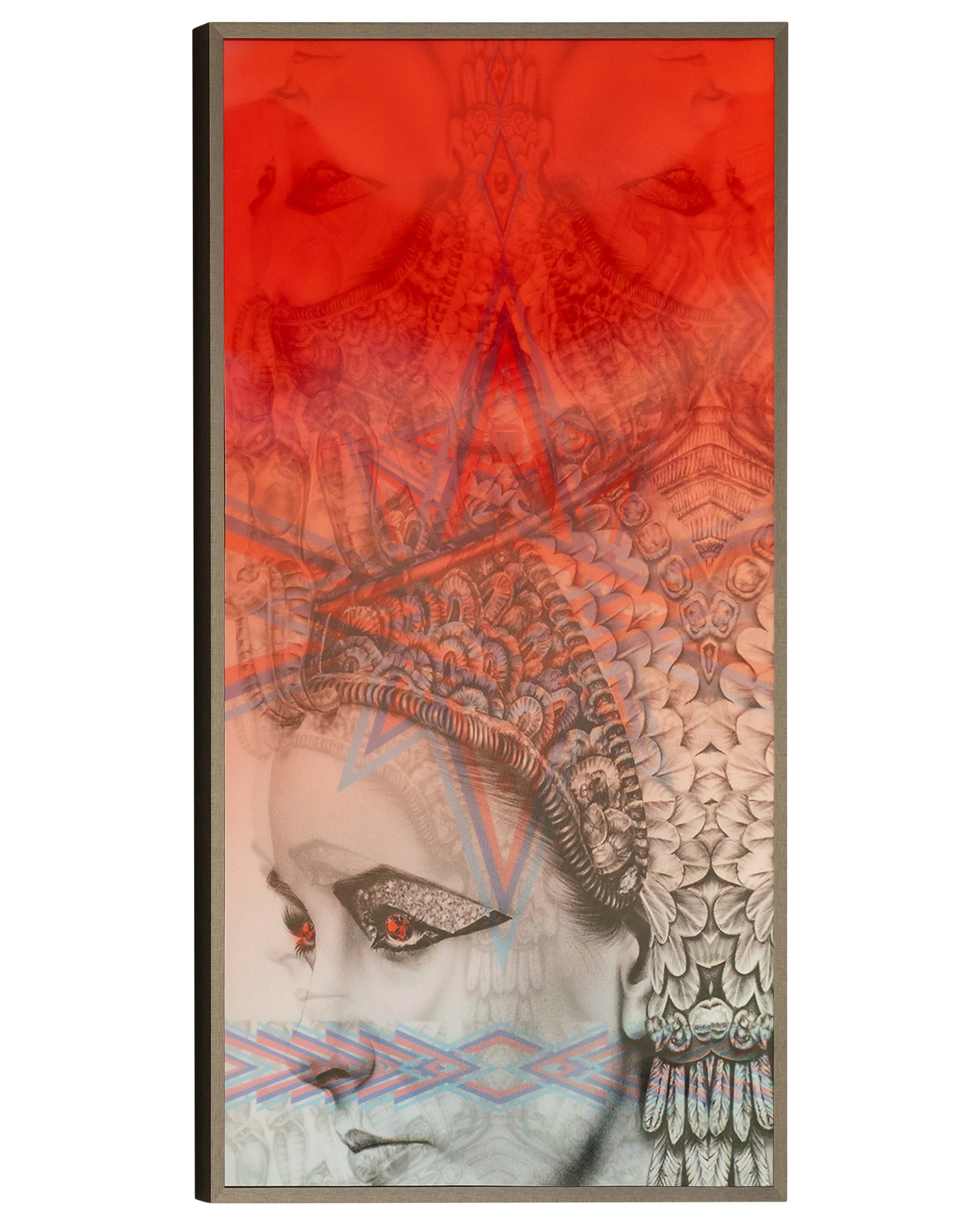 A framed lenticular print featuring a grayscale portrait of Elizabeth Taylor with detailed makeup and hair, overlayed with intricate geometric and ornamental patterns in shades of red, blue, and black, creating a layered and surreal visual effect.