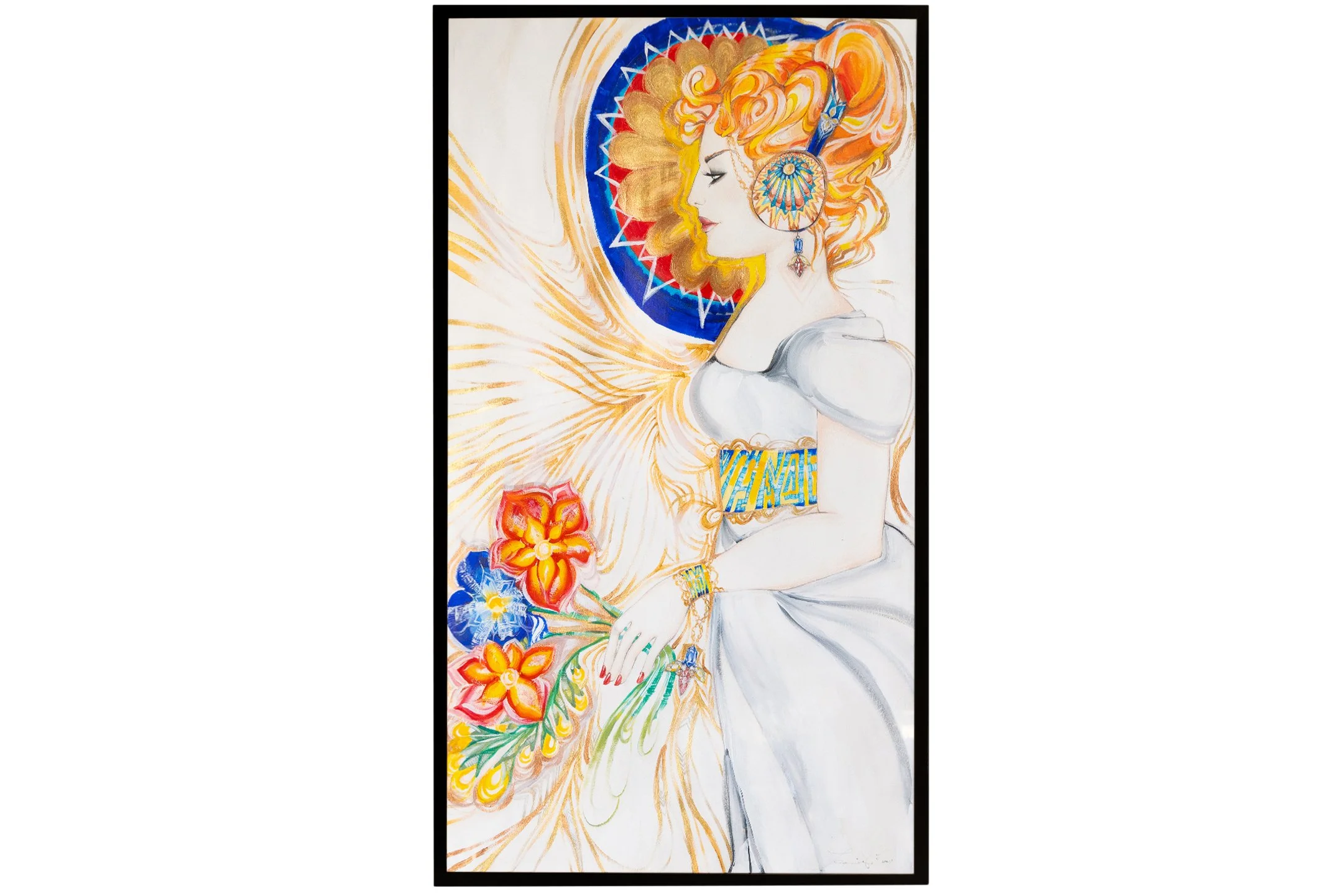 A colorful painting of a woman with orange curly hair wearing a white dress, large earrings, and a gold bracelet, holding a bouquet of red, orange, yellow, and blue flowers, with an artistic background featuring swirling orange lines and a circular pattern behind her head.