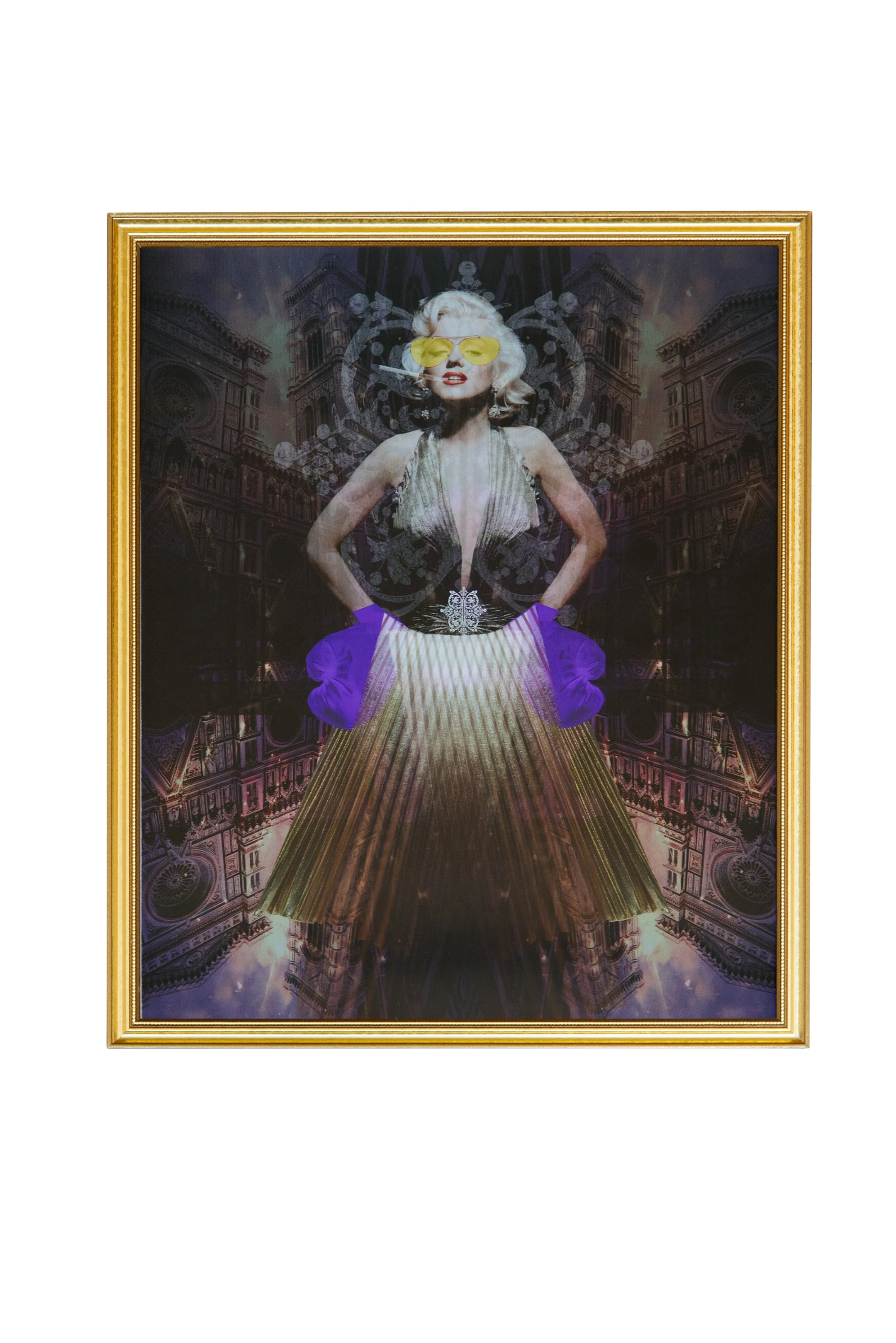 A framed digital collage artwork of a woman in a glamorous outfit with sunglasses, standing in front of an ornate building, with a fantastical background and bold colors.