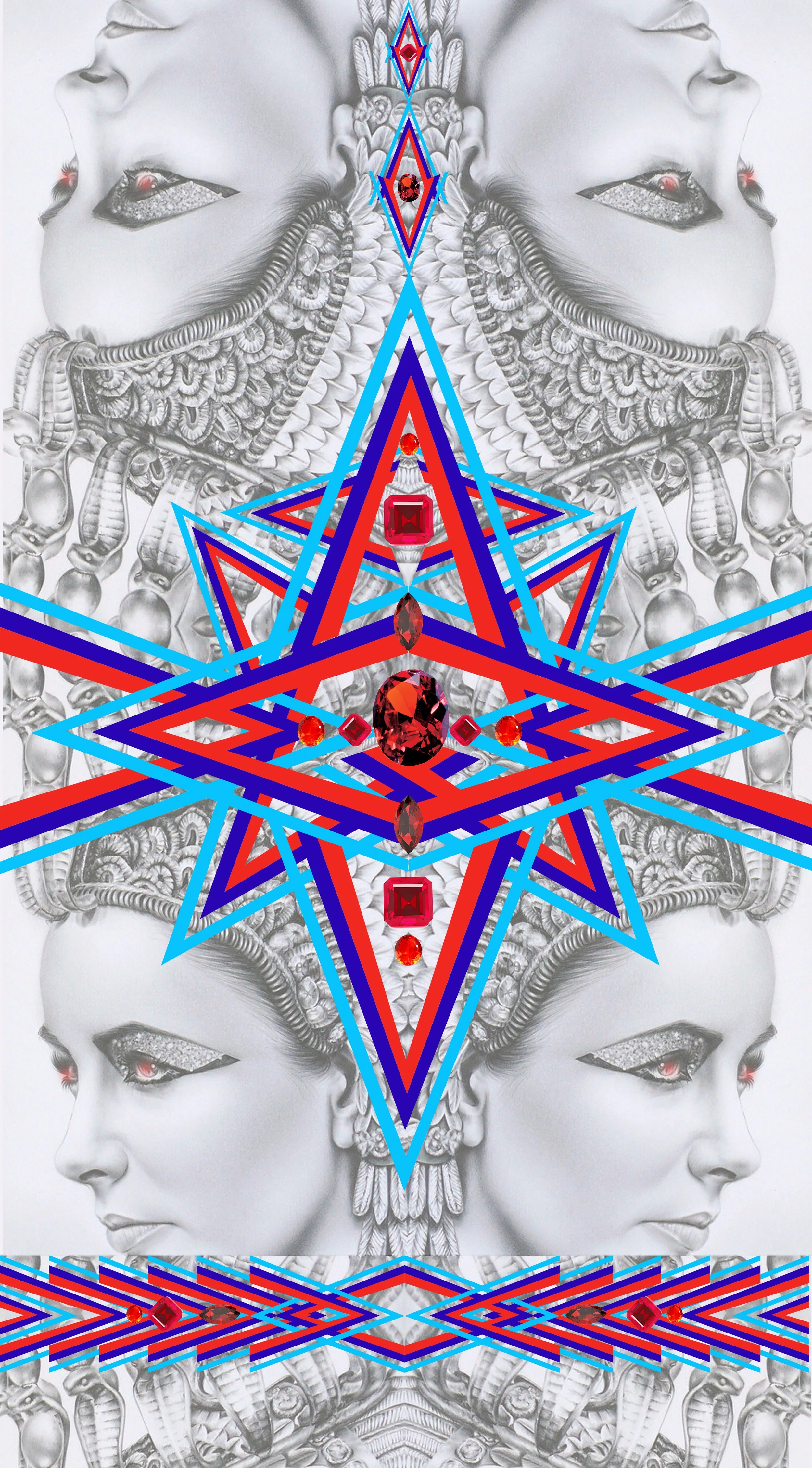 A symmetrical digital collage featuring Elizabeth Taylor with ornate headpieces, overlaid with vibrant geometric patterns and red gemstone accents.