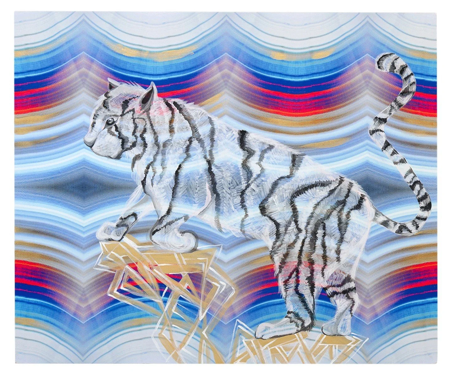 A painting of a white tiger with black stripes standing on a geometric gold-colored platform against a colorful, wavy background with blue, red, and gold hues.