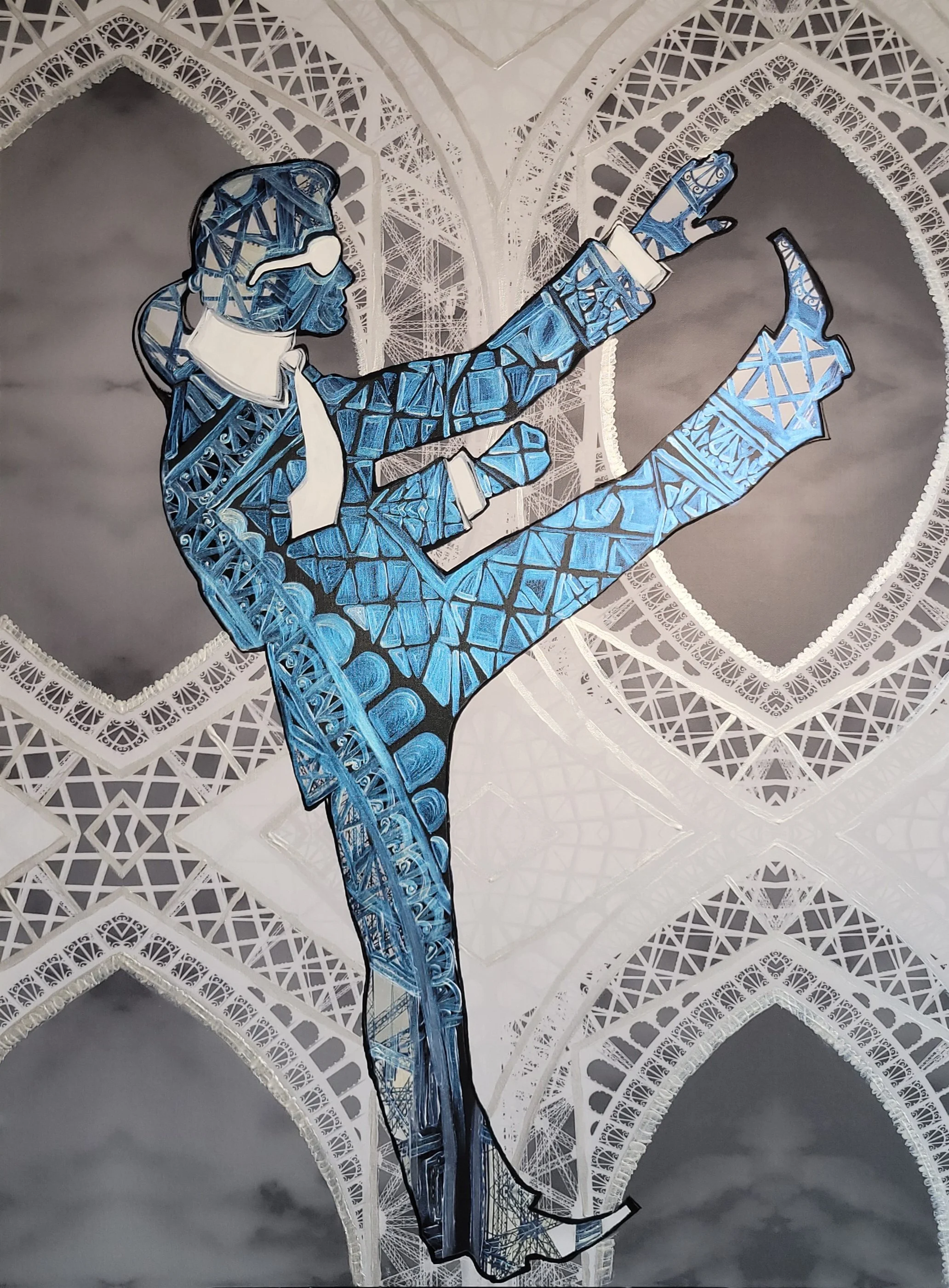 Karl Lagerfeld in a business suit and tie, doing karate, created with reflective, geometric patterns, with the Eiffel Tower’s architecture visible in the background.