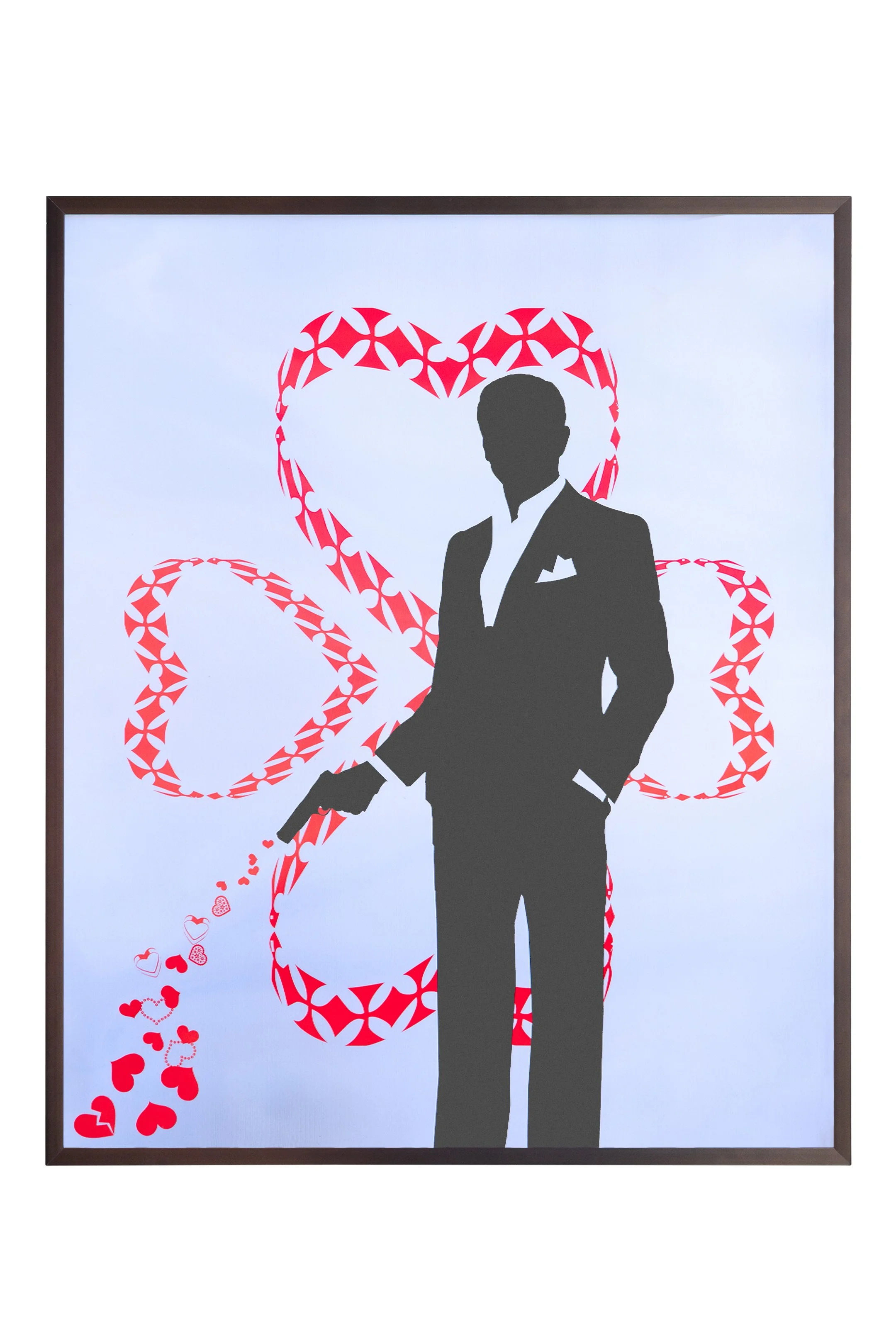 Silhouette of a man in a suit holding a gun, with a background of red heart shapes and a heart outline.