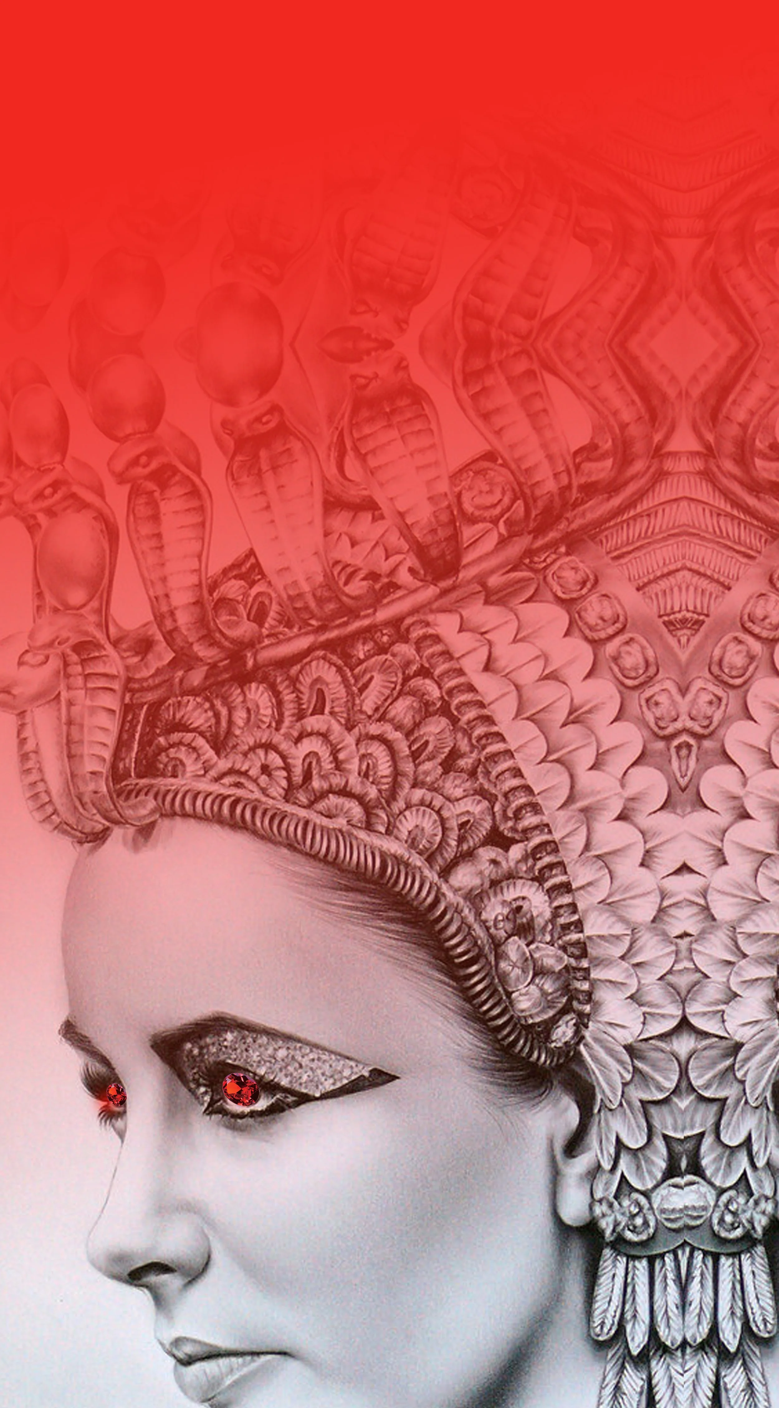 Elizabeth Taylor portrait of a woman with intricate head and face makeup, featuring detailed patterns and red gemstone eye embellishments. The background has a red gradient with abstract, gemstone, and ornamental Egyptian designs.