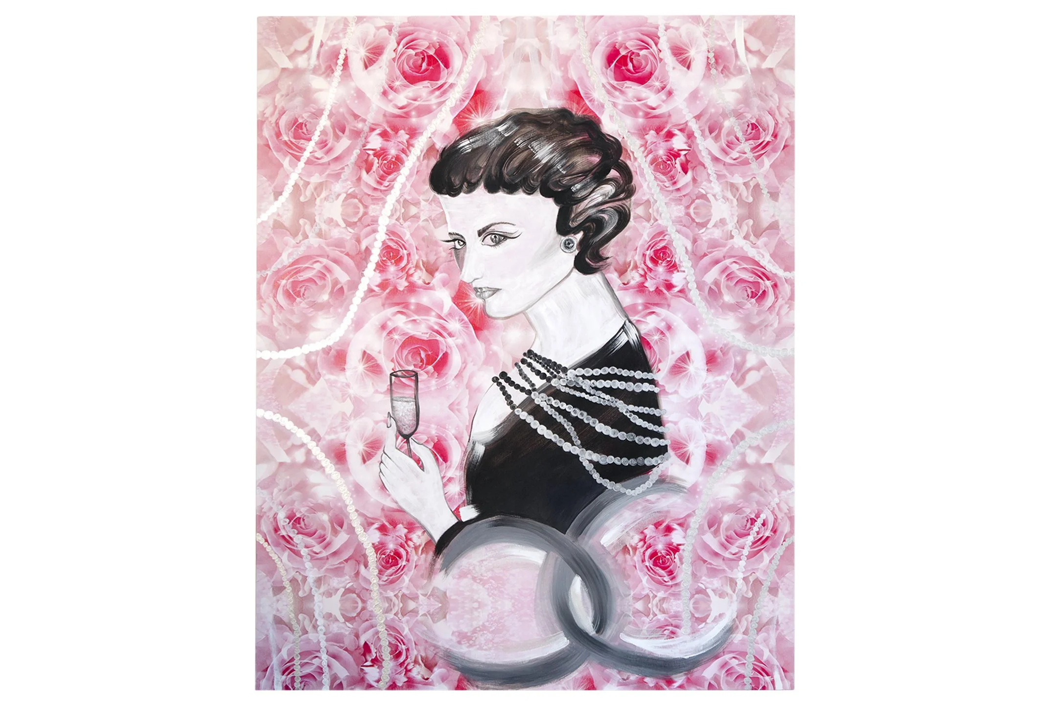 Painted portrait of Coco Chanel. Dark hair styled in vintage waves, holding a glass of champagne. She is surrounded by pink roses and decorative strings of pearls, the Chanel logo at the bottom of the image.