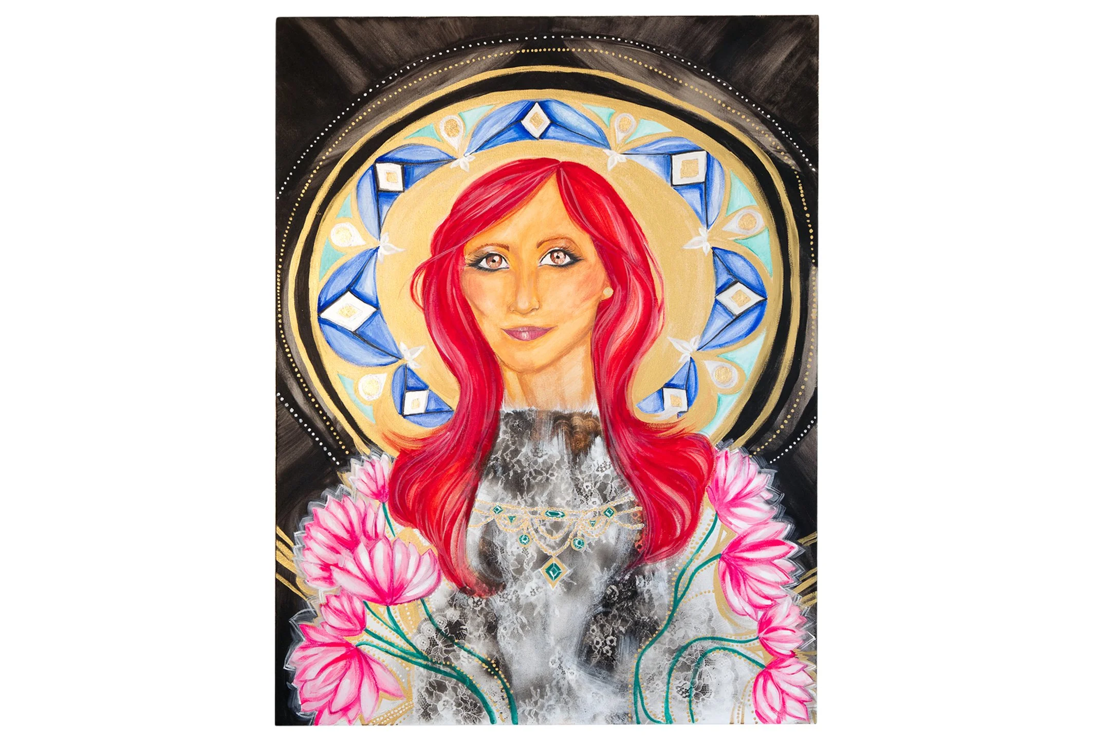 A colorful painting of a woman with long red hair, wearing jewelry, in front of an ornate circular background with blue and gold accents, surrounded by pink flowers.