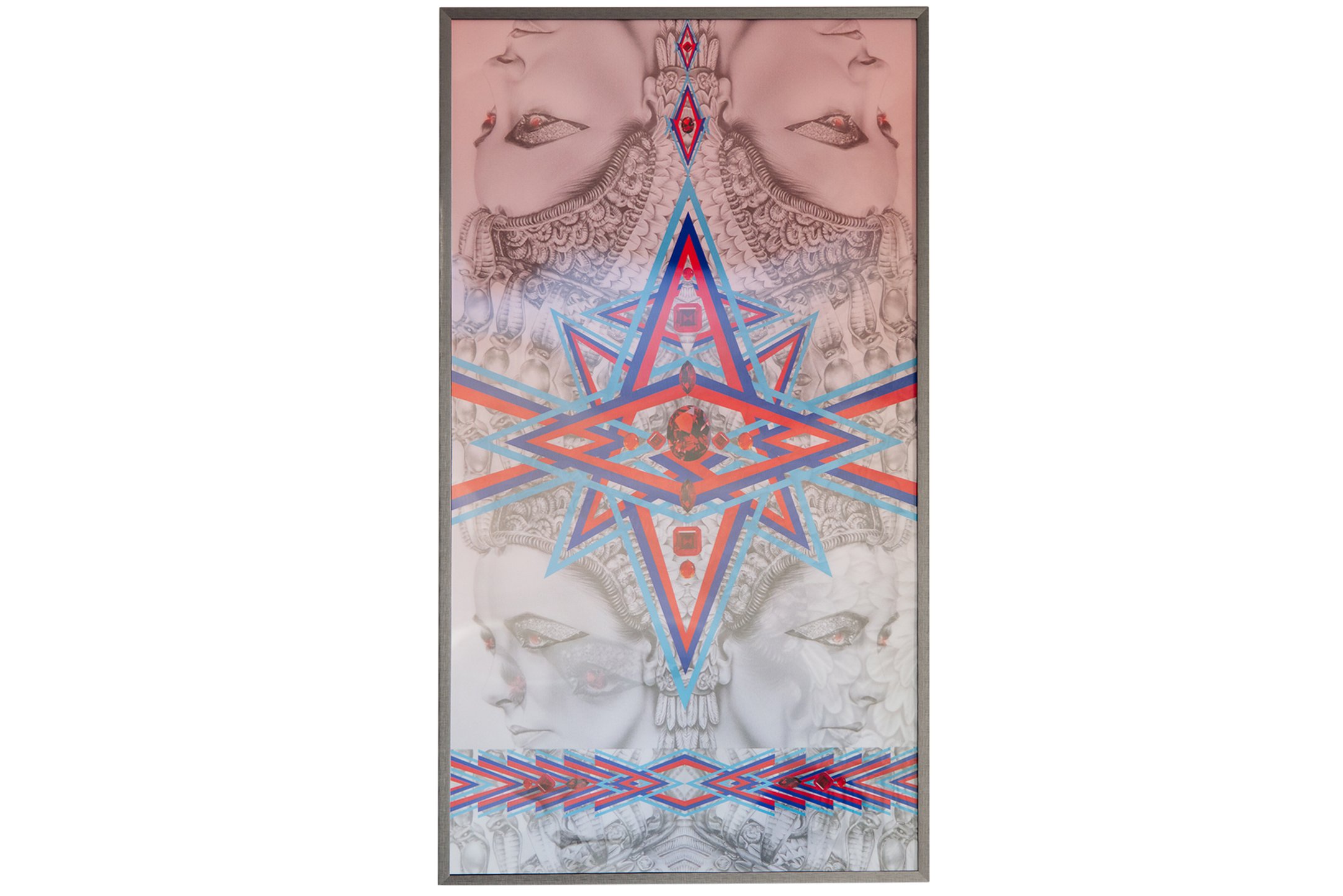 Elizabeth Taylor artwork featuring a central geometric star pattern in red, blue, and orange, overlaid on a background of scaled, mirrored faces with elaborate hair and jewelry. The faces are feminine, with distinctive makeup and serene expressions.