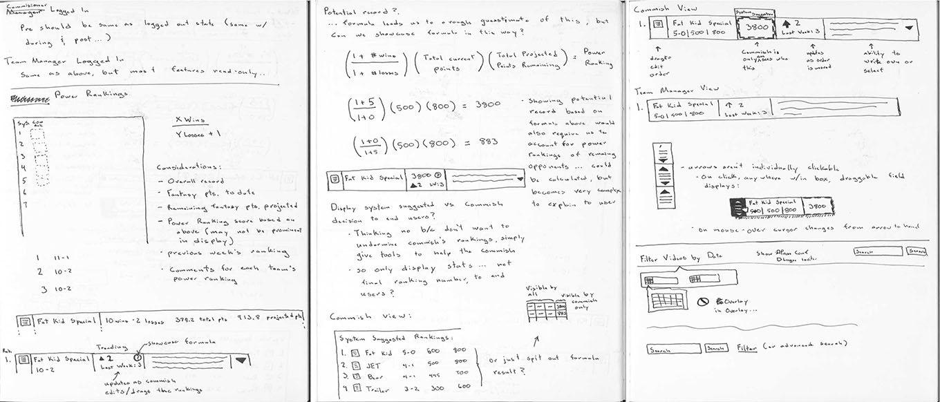 Initial thinking on the power rankings interface and the logic we wanted to use to recommend each week's power rankings to commissioners to allow them to make as informed of a decision as they wanted to in how they were ranking their league.