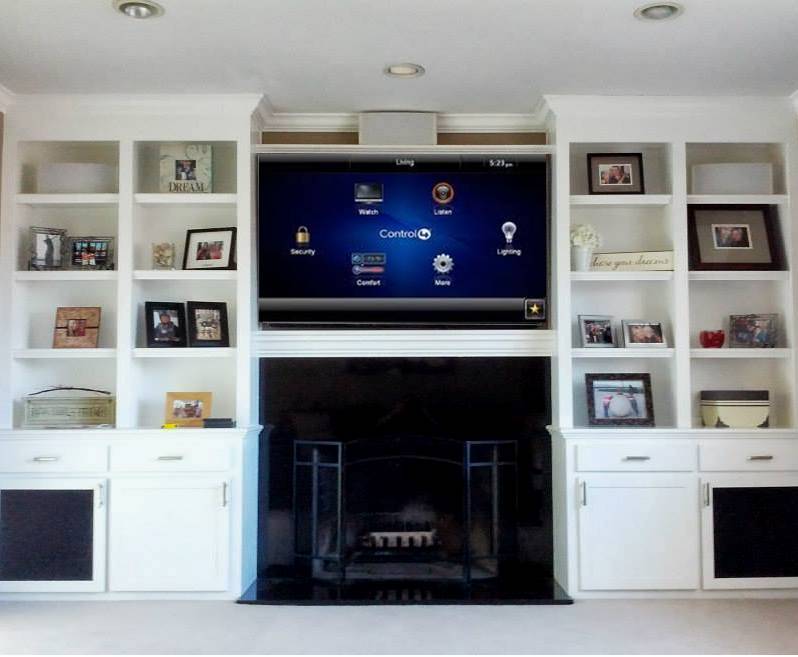 TV Over Fireplace with Bookshelf Speakers